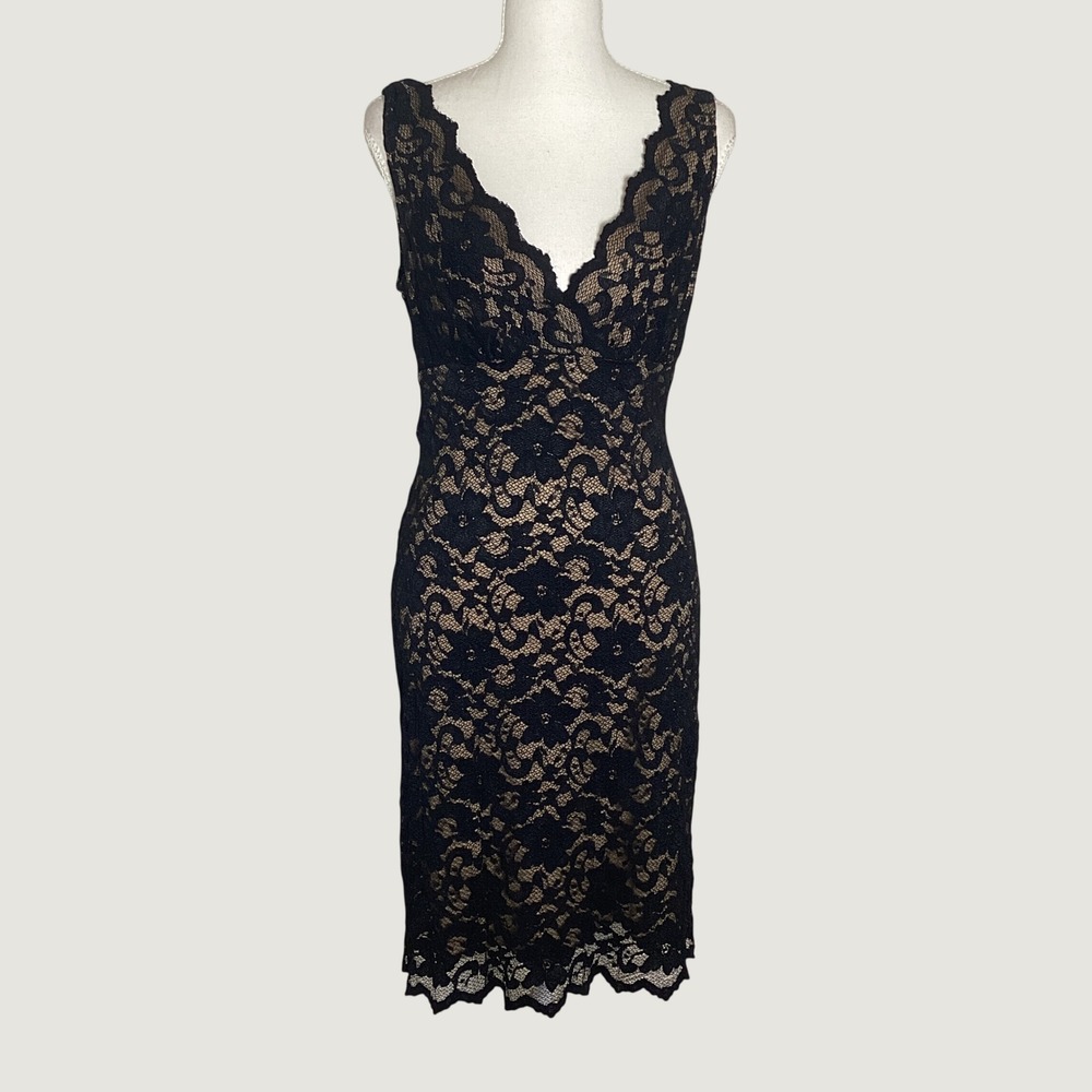 Ruby Rox Vintage Y2K Black Floral Lace Midi Dress Nude Illusion Lining V-Neck